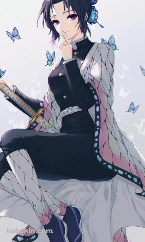 左手の人差し指を口元にあてる胡蝶しのぶ / 鬼滅の刃のAndroidの壁紙(480px x 800px) スマホ用