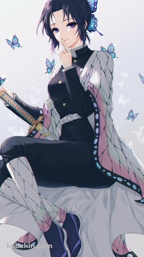 左手の人差し指を口元にあてる胡蝶しのぶ / 鬼滅の刃のAndroidの壁紙(480px x 854px) スマホ用