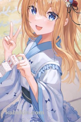 大吉のおみくじを引き笑顔でピースをするアリス / ホワイト・ラビット / 不思議の国のアリスのAndroidの壁紙(320px x 480px) スマホ用