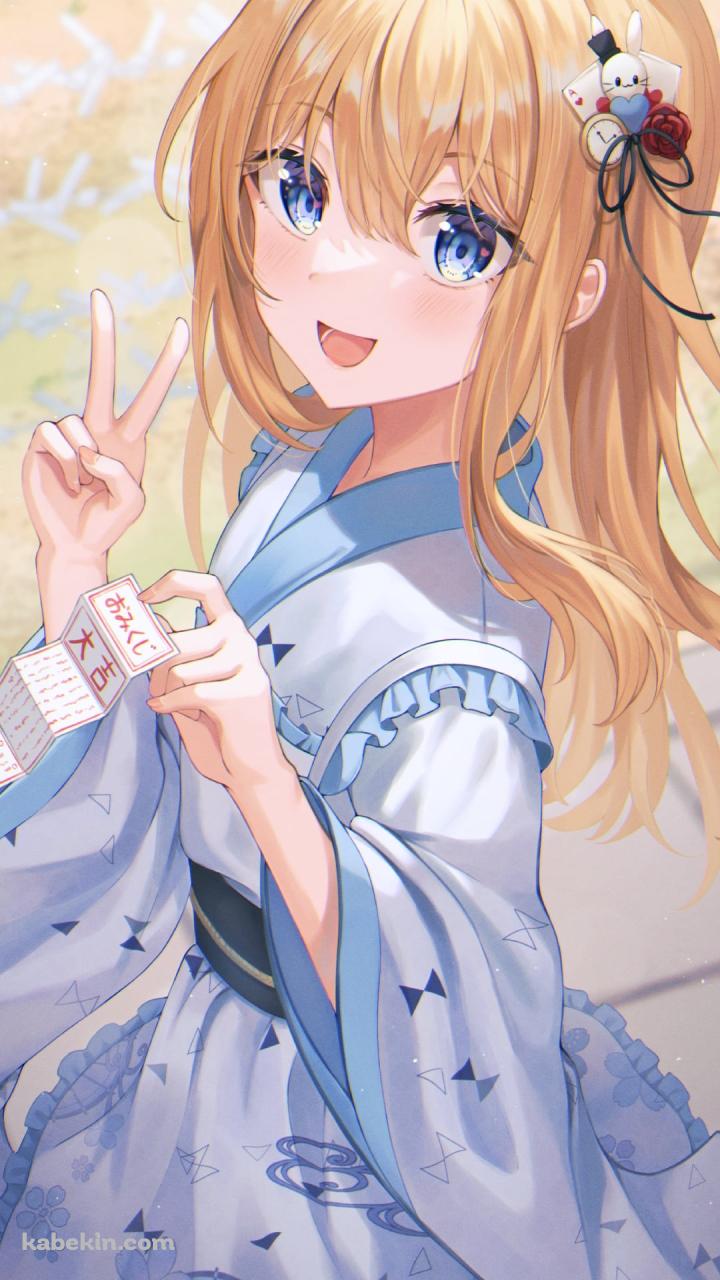 大吉のおみくじを引き笑顔でピースをするアリス / ホワイト・ラビット / 不思議の国のアリスのAndroidの壁紙(720px x 1280px) スマホ用