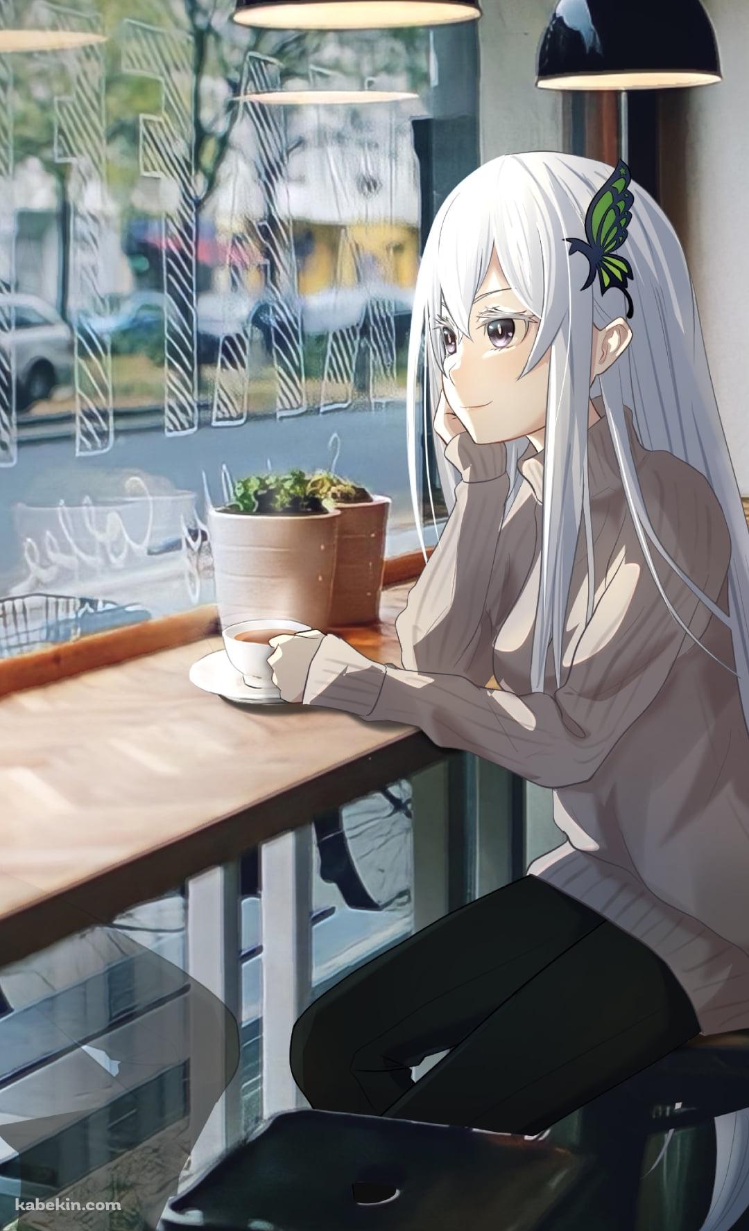 カフェでリラックスして外を眺めるエキドナ / 可愛い / 白い髪色 / re:ゼロから始める異世界生活のAndroidの壁紙(1080px x 1776px) スマホ用