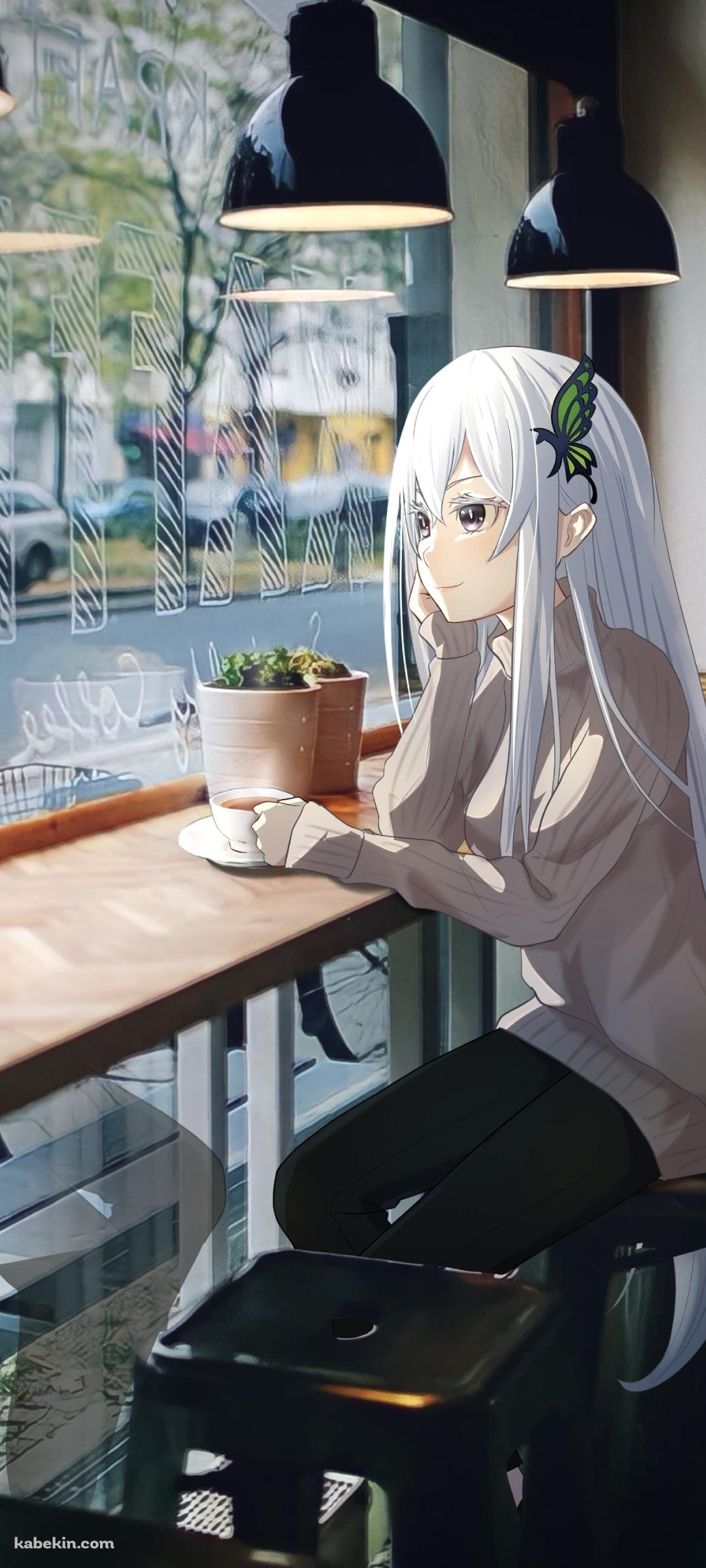 カフェでリラックスして外を眺めるエキドナ / 可愛い / 白い髪色 / re:ゼロから始める異世界生活のAndroidの壁紙(1080px x 2400px) スマホ用