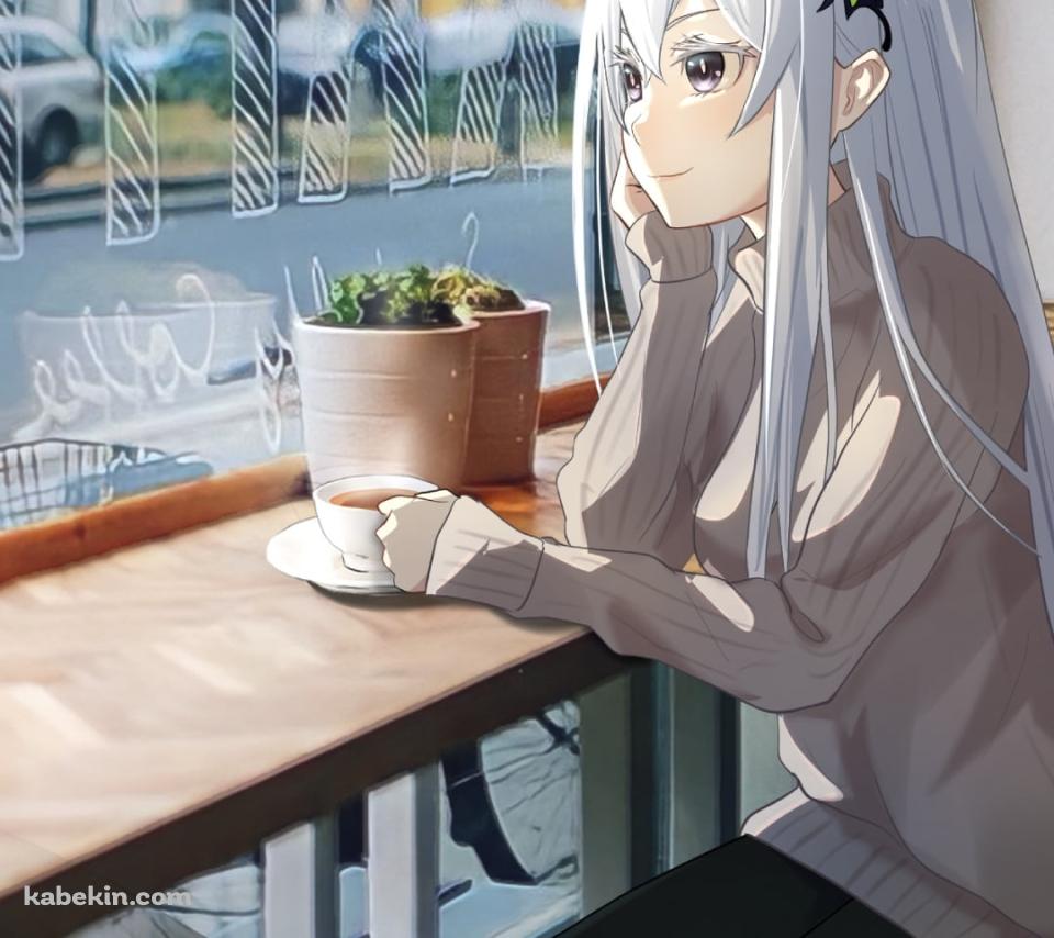 カフェでリラックスして外を眺めるエキドナ / 可愛い / 白い髪色 / re:ゼロから始める異世界生活のAndroidの壁紙(960px x 854px) スマホ用