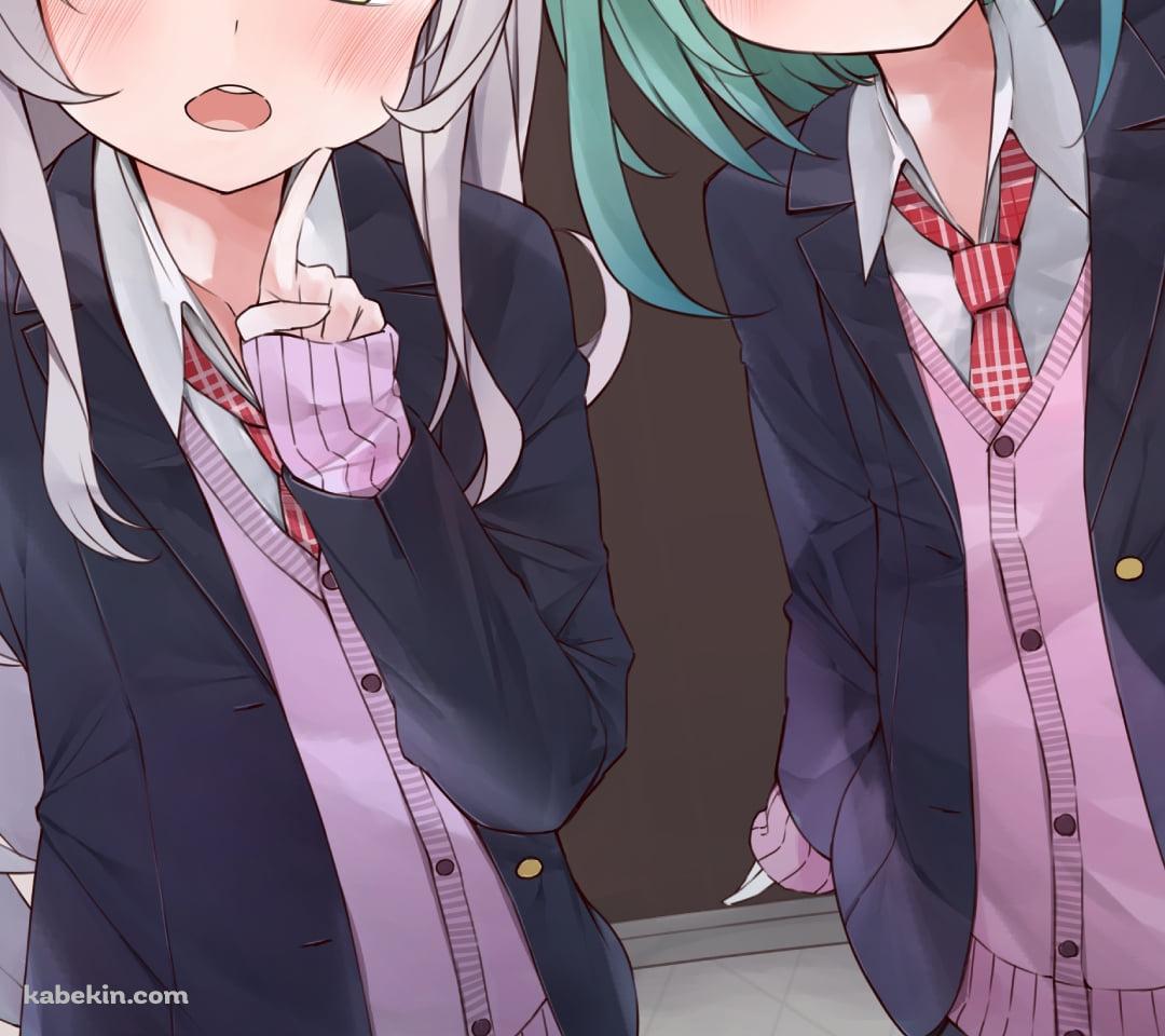 玄関で並んで立っている潤羽るしあと紫咲シオン / ホロライブ / バーチャルYouTuber / VtuberのAndroidの壁紙(1080px x 960px) スマホ用