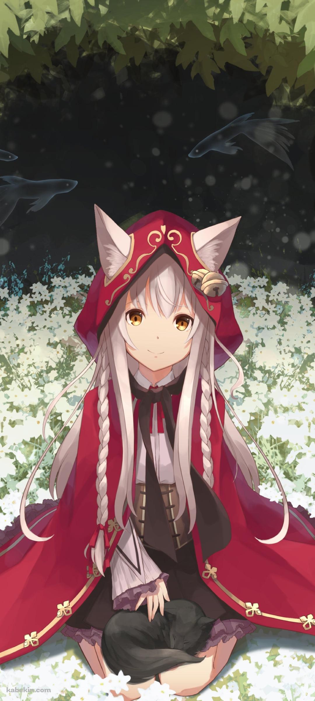 白い花の上に座る赤いフードを被った可愛いパンドラ / 最果てのパンドラのAndroidの壁紙(1080px x 2400px) スマホ用