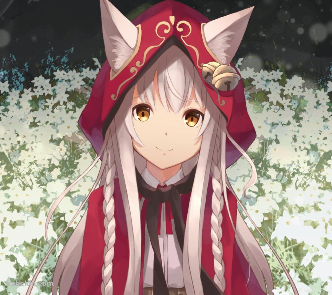 白い花の上に座る赤いフードを被った可愛いパンドラ / 最果てのパンドラのAndroidの壁紙(1080px x 960px) スマホ用