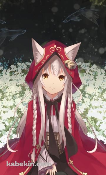 白い花の上に座る赤いフードを被った可愛いパンドラ / 最果てのパンドラのAndroidの壁紙(360px x 592px) スマホ用