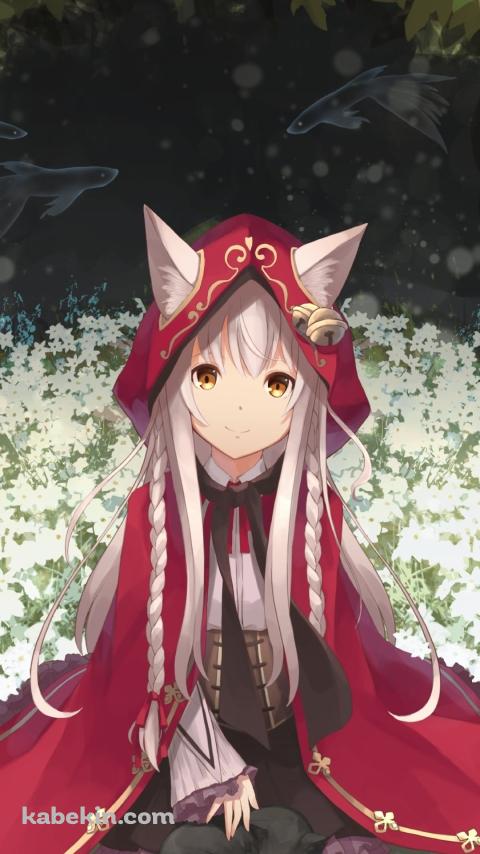 白い花の上に座る赤いフードを被った可愛いパンドラ / 最果てのパンドラのAndroidの壁紙(480px x 854px) スマホ用