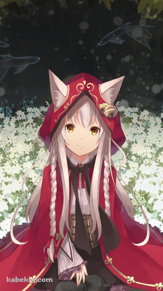 白い花の上に座る赤いフードを被った可愛いパンドラ / 最果てのパンドラのAndroidの壁紙(540px x 960px) スマホ用