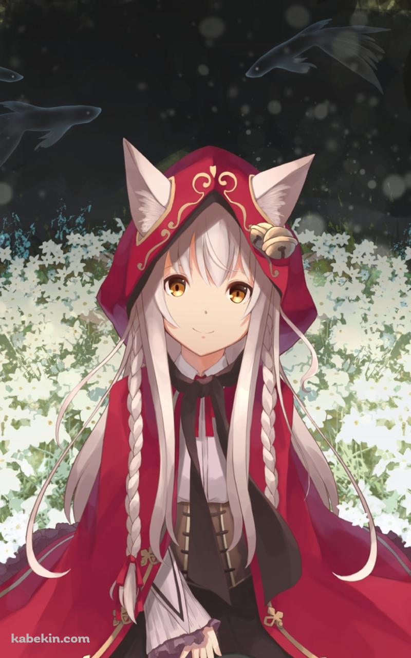 白い花の上に座る赤いフードを被った可愛いパンドラ / 最果てのパンドラのAndroidの壁紙(800px x 1280px) スマホ用