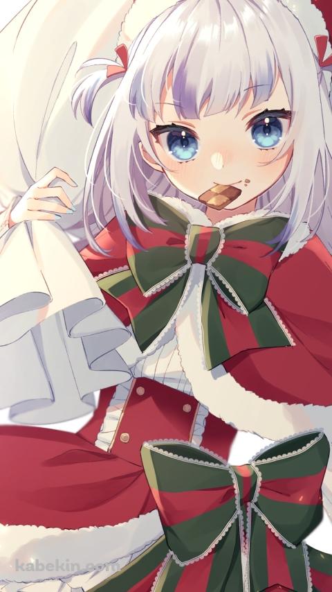 ビスケットを咥えながら大きなプレゼント袋を持つサンタコスのがうる・ぐら / ホロライブ / バーチャルYouTuber / VtuberのAndroidの壁紙(480px x 854px) スマホ用