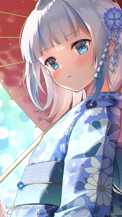 赤い和傘をさす青い浴衣を着た可愛いがうる・ぐら / 光の乱反射 / 花模様 / ホロライブ / バーチャルYouTuber / VtuberのAndroidの壁紙(480px x 854px) スマホ用