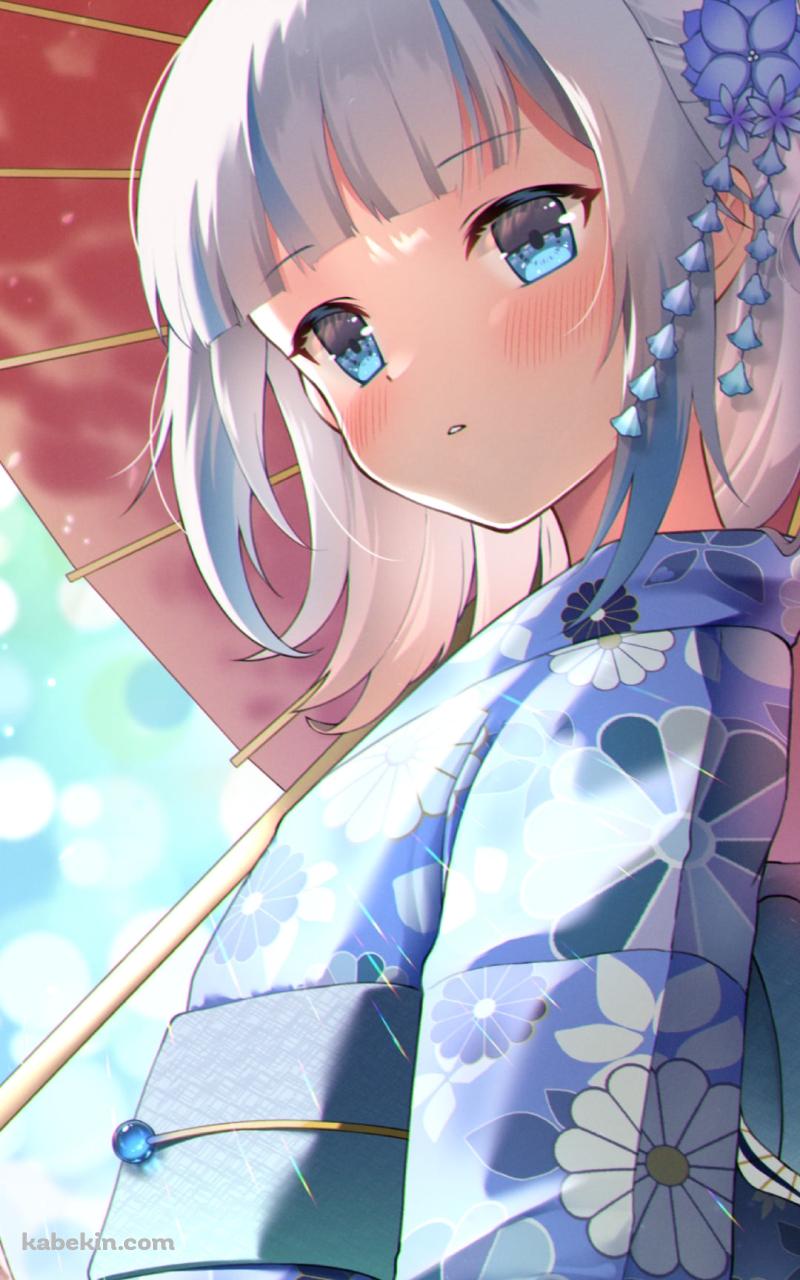 赤い和傘をさす青い浴衣を着た可愛いがうる・ぐら / 光の乱反射 / 花模様 / ホロライブ / バーチャルYouTuber / VtuberのAndroidの壁紙(800px x 1280px) スマホ用