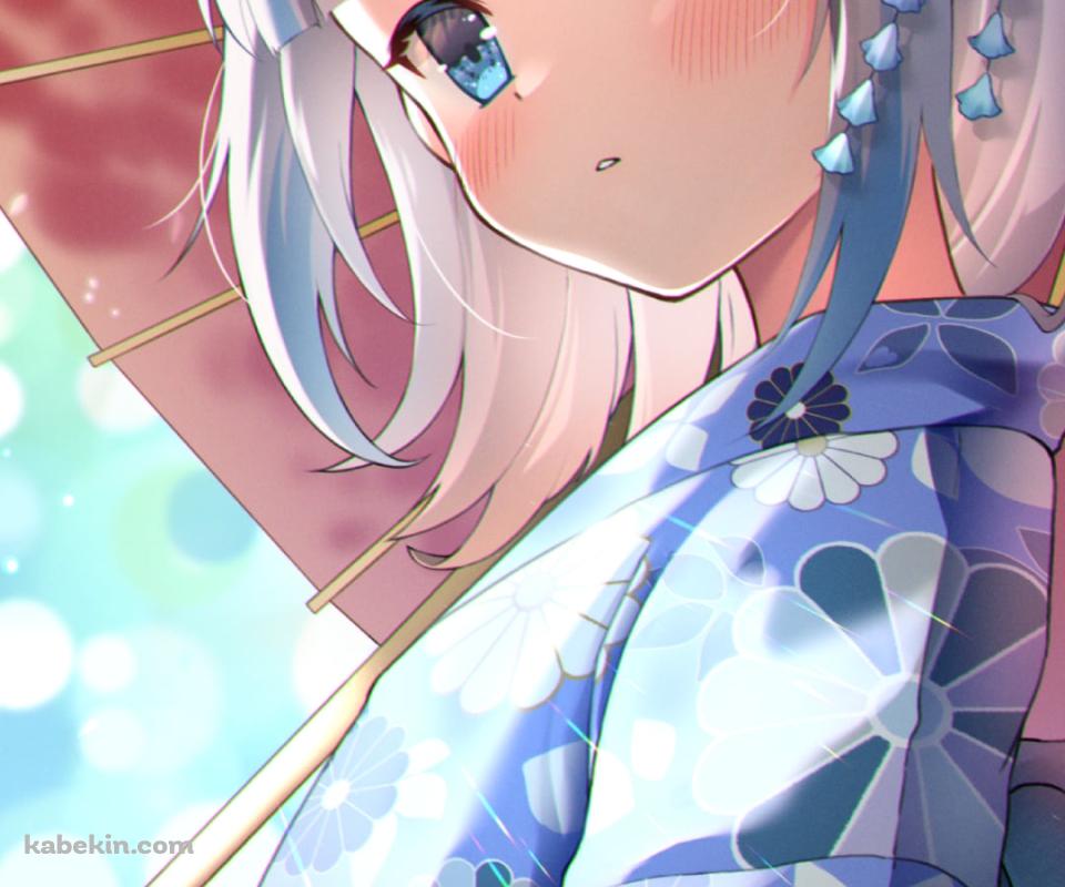 赤い和傘をさす青い浴衣を着た可愛いがうる・ぐら / 光の乱反射 / 花模様 / ホロライブ / バーチャルYouTuber / VtuberのAndroidの壁紙(960px x 800px) スマホ用