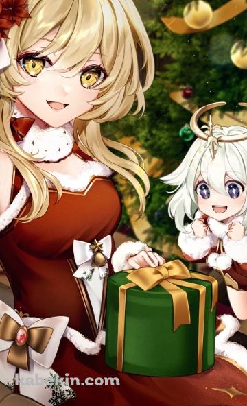 緑のプレゼントを膝に乗せ笑顔の蛍とパイモン / 原神のAndroidの壁紙(360px x 592px) スマホ用