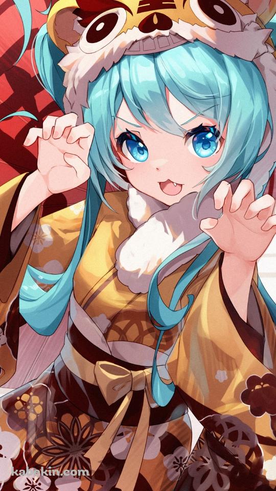 ガオーポーズの初音ミク / 寅年 / 干支 / ボカロ / ボーカロイドのAndroidの壁紙(540px x 960px) スマホ用