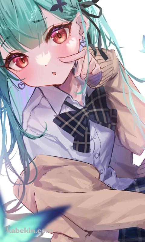 青い蝶を指さす潤羽るしあ / ホロライブ / バーチャルYouTuber / VtuberのAndroidの壁紙(480px x 800px) スマホ用