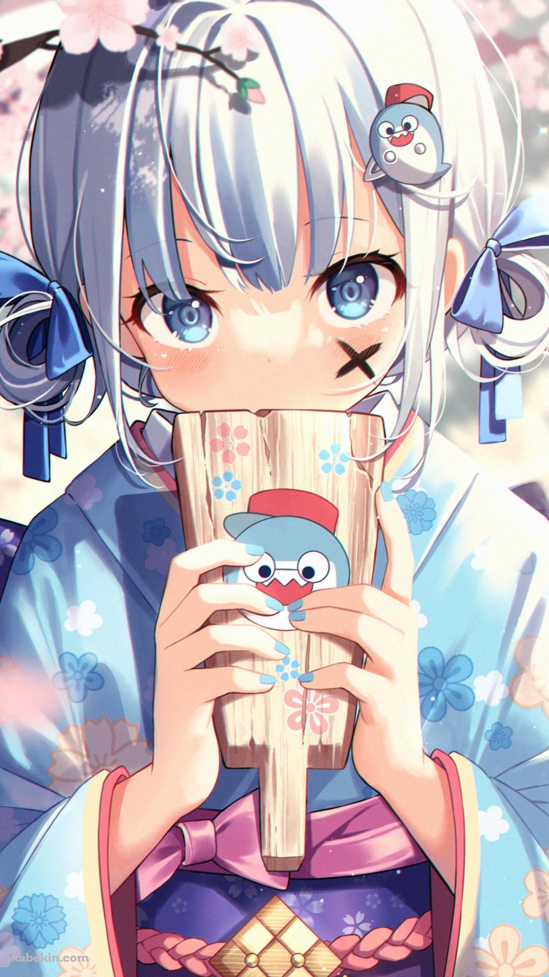 羽子板を口元にあてる可愛いがうる・ぐら / 桜の花 / ホロライブ / バーチャルYouTuber / VtuberのAndroidの壁紙(1080px x 1920px) スマホ用