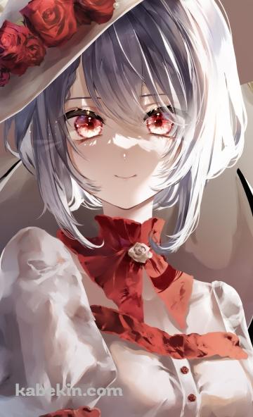 赤と白の薔薇がついた帽子を被ったレミリア・スカーレット / 東方のAndroidの壁紙(360px x 592px) スマホ用