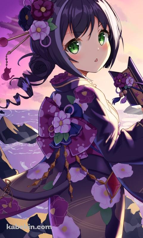海辺で羽子板を持ちながら初日の出を待つキャル / プリコネ / プリンセスコネクト!re:diveのAndroidの壁紙(480px x 800px) スマホ用