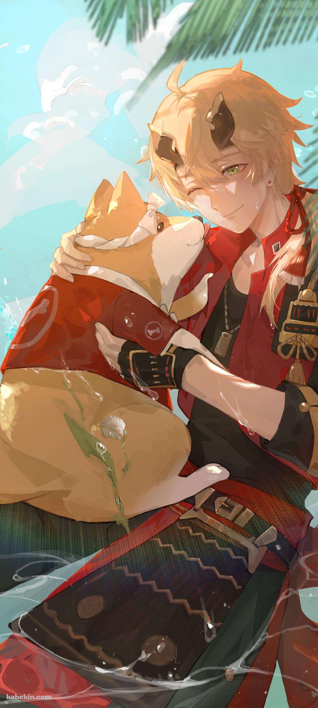 水に浸かりながら太郎丸を抱えるトーマ / 原神のAndroidの壁紙(1080px x 2400px) スマホ用