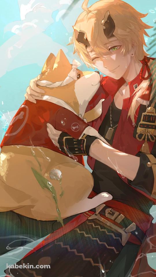水に浸かりながら太郎丸を抱えるトーマ / 原神のAndroidの壁紙(540px x 960px) スマホ用