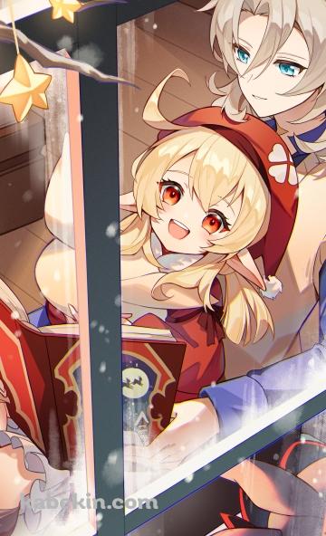 クレーに絵本を読んでいるアルベド / 原神のAndroidの壁紙(360px x 592px) スマホ用