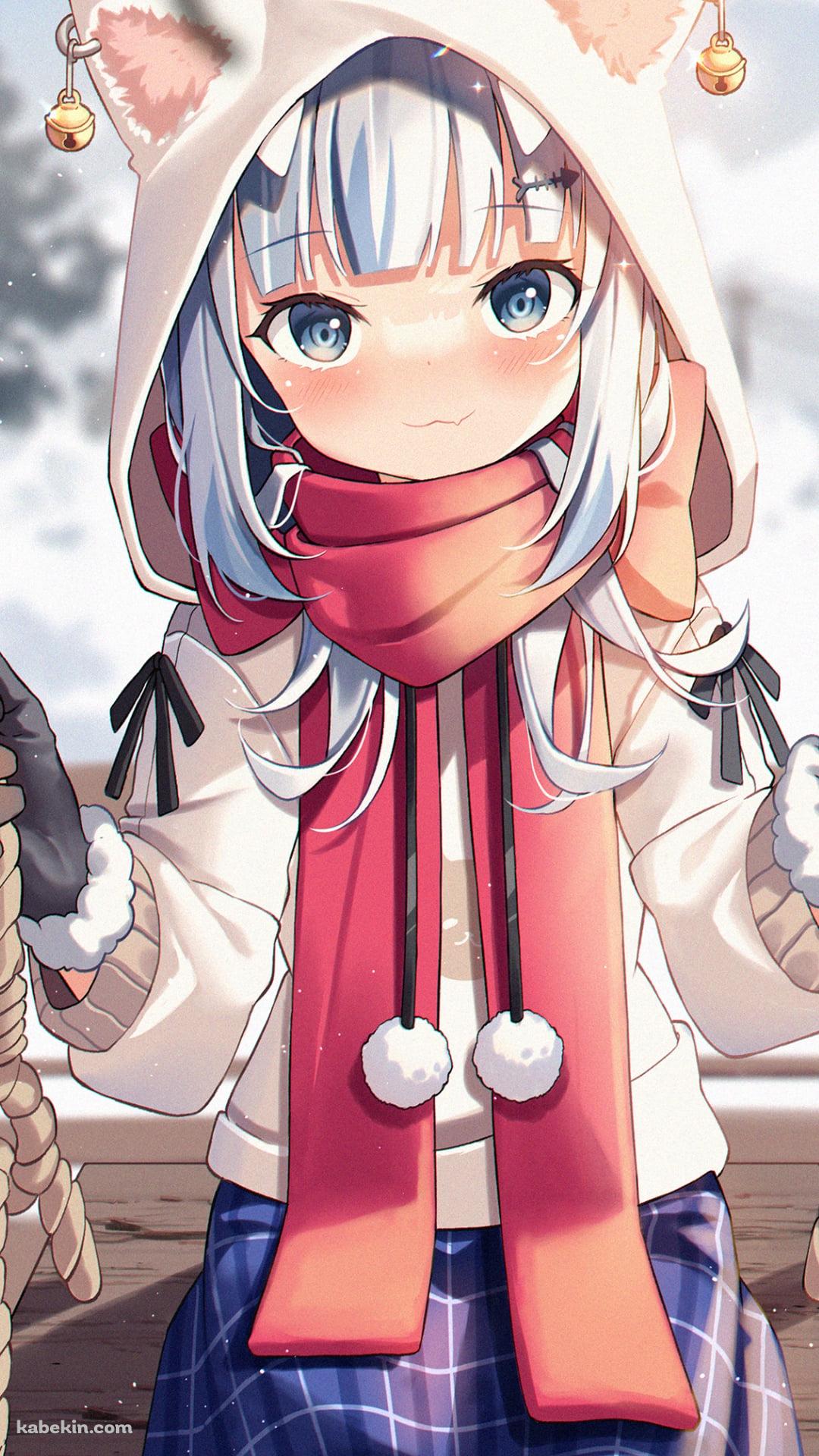 冬、雪が降る中で木のブランコに乗るかわいいがうる・ぐら / ホロライブ / バーチャルYouTuber / VtuberのAndroidの壁紙(1080px x 1920px) スマホ用