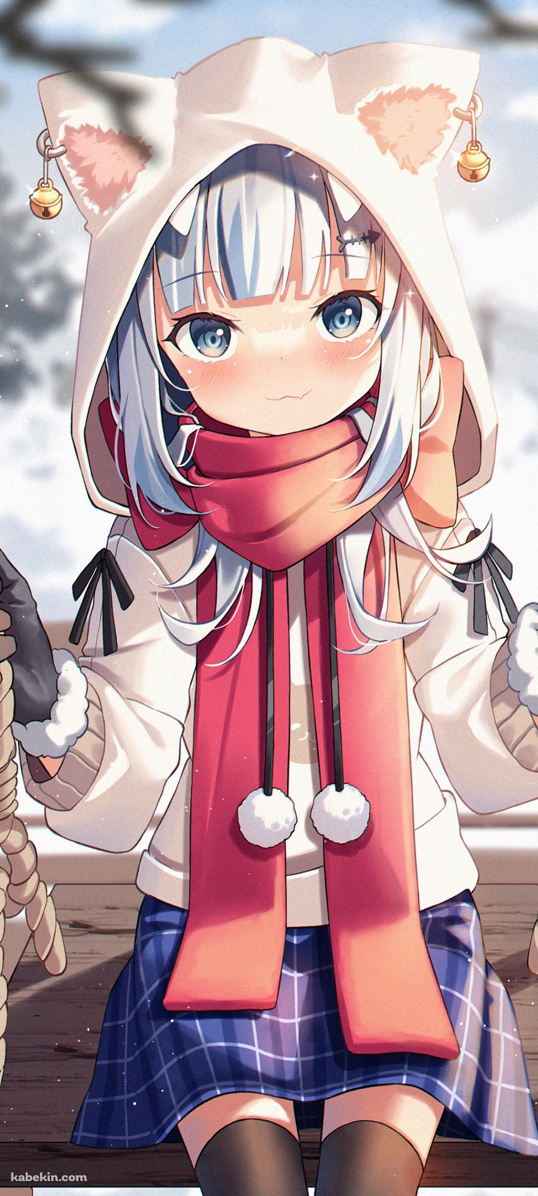 冬、雪が降る中で木のブランコに乗るかわいいがうる・ぐら / ホロライブ / バーチャルYouTuber / VtuberのAndroidの壁紙(1080px x 2400px) スマホ用