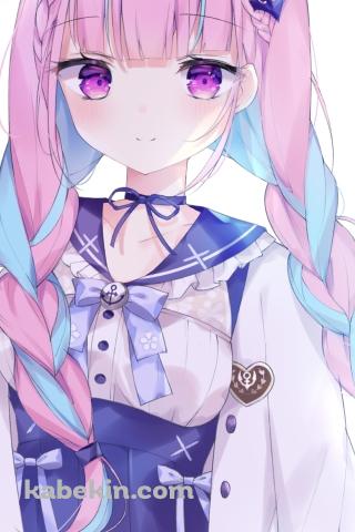 微笑む湊あくあ / ピンクと水色の髪 / ホロライブ / バーチャルYouTuber / VtuberのAndroidの壁紙(320px x 480px) スマホ用