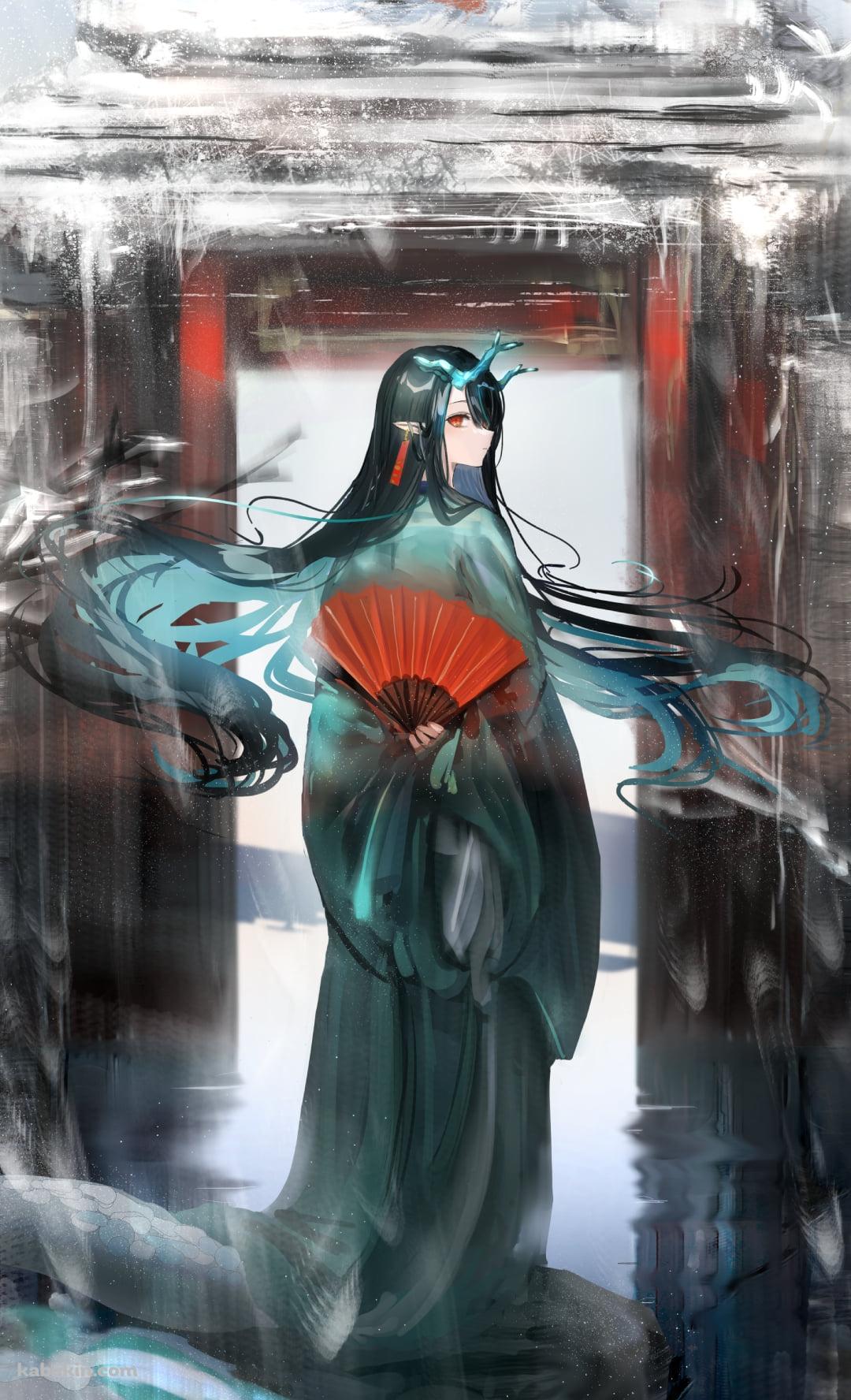 水彩で描いたような赤い扇を持ち振り向くシー / アークナイツのAndroidの壁紙(1080px x 1776px) スマホ用