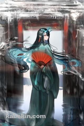 水彩で描いたような赤い扇を持ち振り向くシー / アークナイツのAndroidの壁紙(320px x 480px) スマホ用
