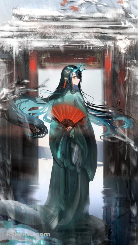 水彩で描いたような赤い扇を持ち振り向くシー / アークナイツのAndroidの壁紙(480px x 854px) スマホ用
