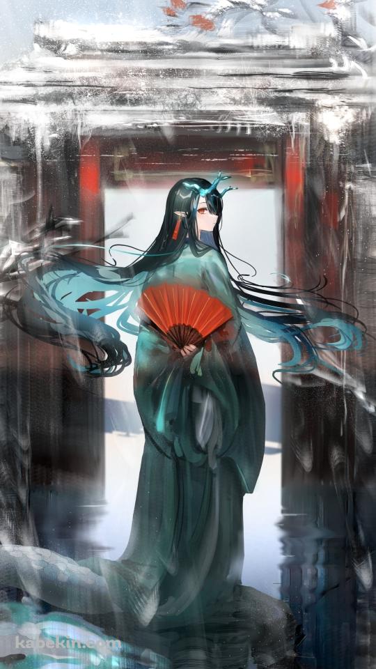 水彩で描いたような赤い扇を持ち振り向くシー / アークナイツのAndroidの壁紙(540px x 960px) スマホ用