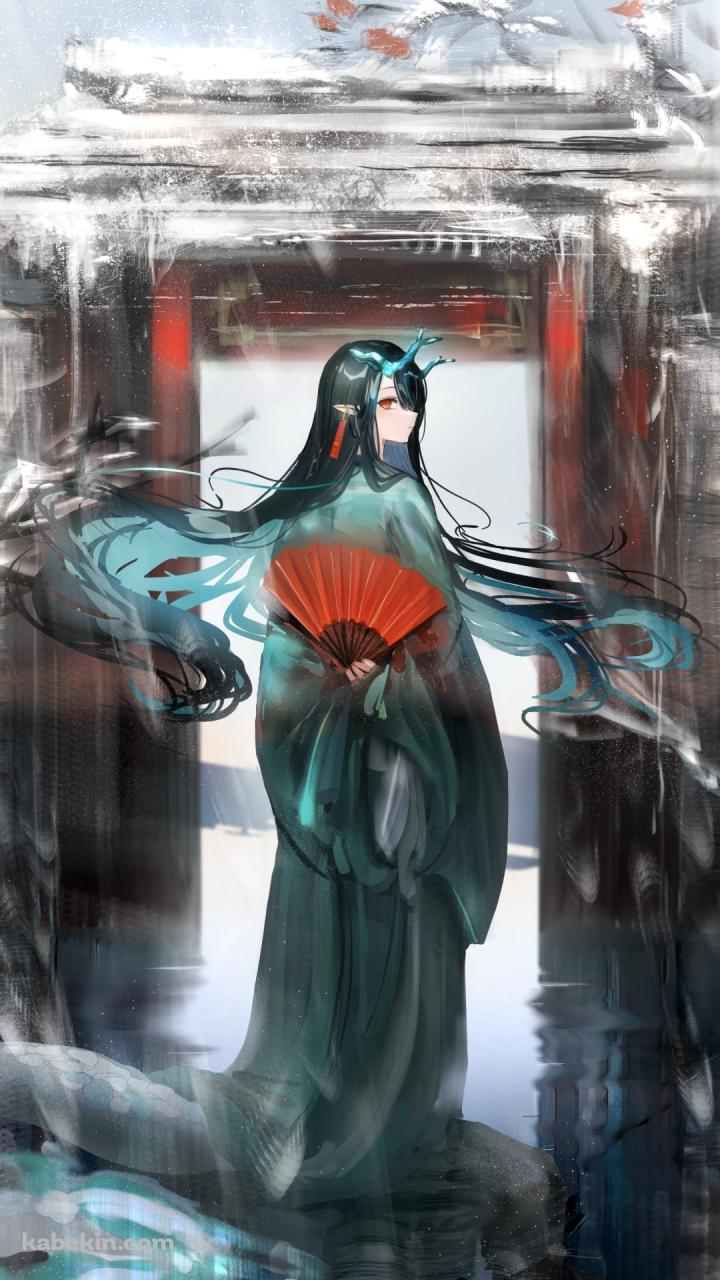 水彩で描いたような赤い扇を持ち振り向くシー / アークナイツのAndroidの壁紙(720px x 1280px) スマホ用