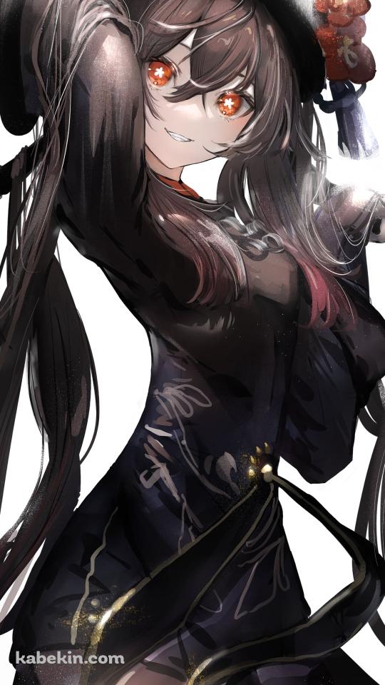 長い黒髪を触る光る赤い瞳の胡桃 / 原神のAndroidの壁紙(540px x 960px) スマホ用