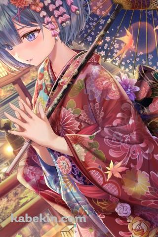 赤い着物を着て青い和傘をさすめちゃくちゃ可愛いレム / リゼロ / re:ゼロから始める異世界生活のAndroidの壁紙(320px x 480px) スマホ用