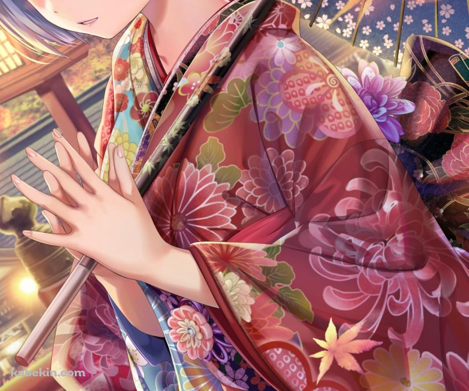 赤い着物を着て青い和傘をさすめちゃくちゃ可愛いレム / リゼロ / re:ゼロから始める異世界生活のAndroidの壁紙(960px x 800px) スマホ用