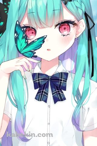 手に大きな緑の蝶がとまっている潤羽るしあ / ホロライブ / バーチャルYouTuber / VtuberのAndroidの壁紙(320px x 480px) スマホ用