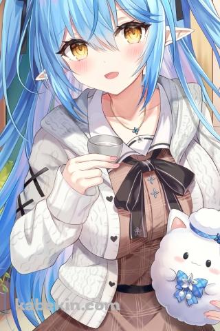 ゆきみんを抱えて日本酒を飲む雪花ラミィ / ホロライブ / バーチャルYouTuber / VtuberのAndroidの壁紙(320px x 480px) スマホ用