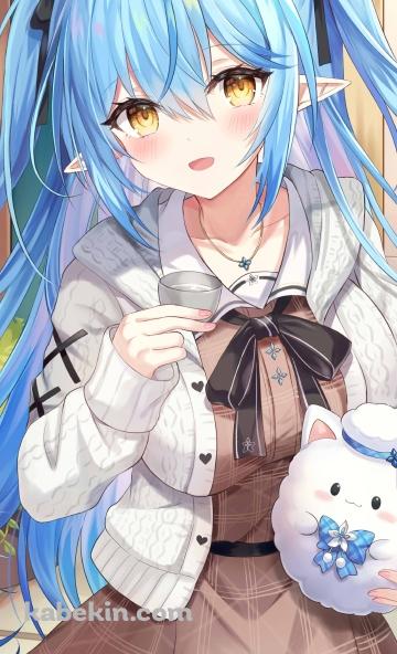 ゆきみんを抱えて日本酒を飲む雪花ラミィ / ホロライブ / バーチャルYouTuber / VtuberのAndroidの壁紙(360px x 592px) スマホ用