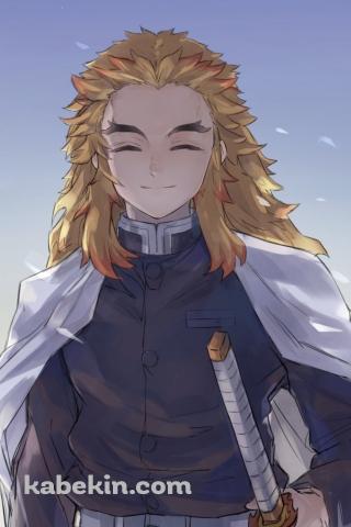 白い剣に手をかける満面の笑みの煉獄杏寿郎 / 鬼滅の刃のAndroidの壁紙(320px x 480px) スマホ用