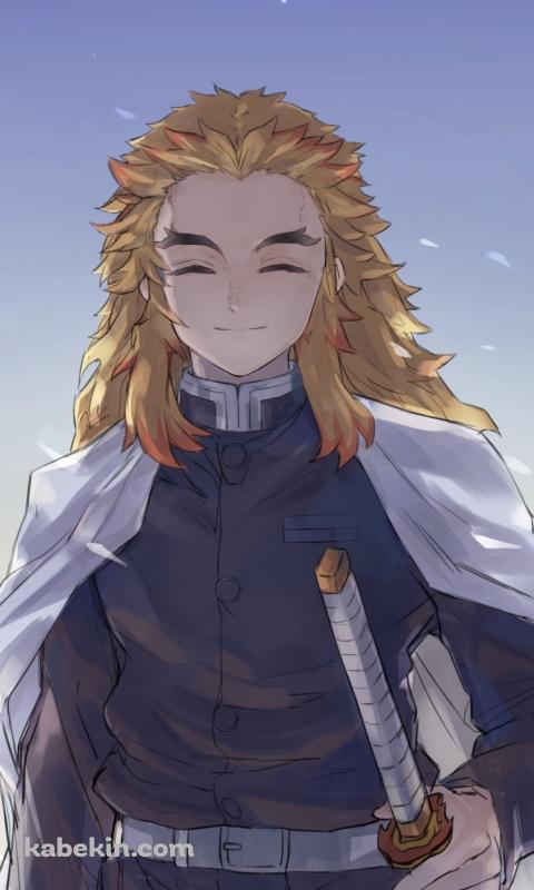 白い剣に手をかける満面の笑みの煉獄杏寿郎 / 鬼滅の刃のAndroidの壁紙(480px x 800px) スマホ用