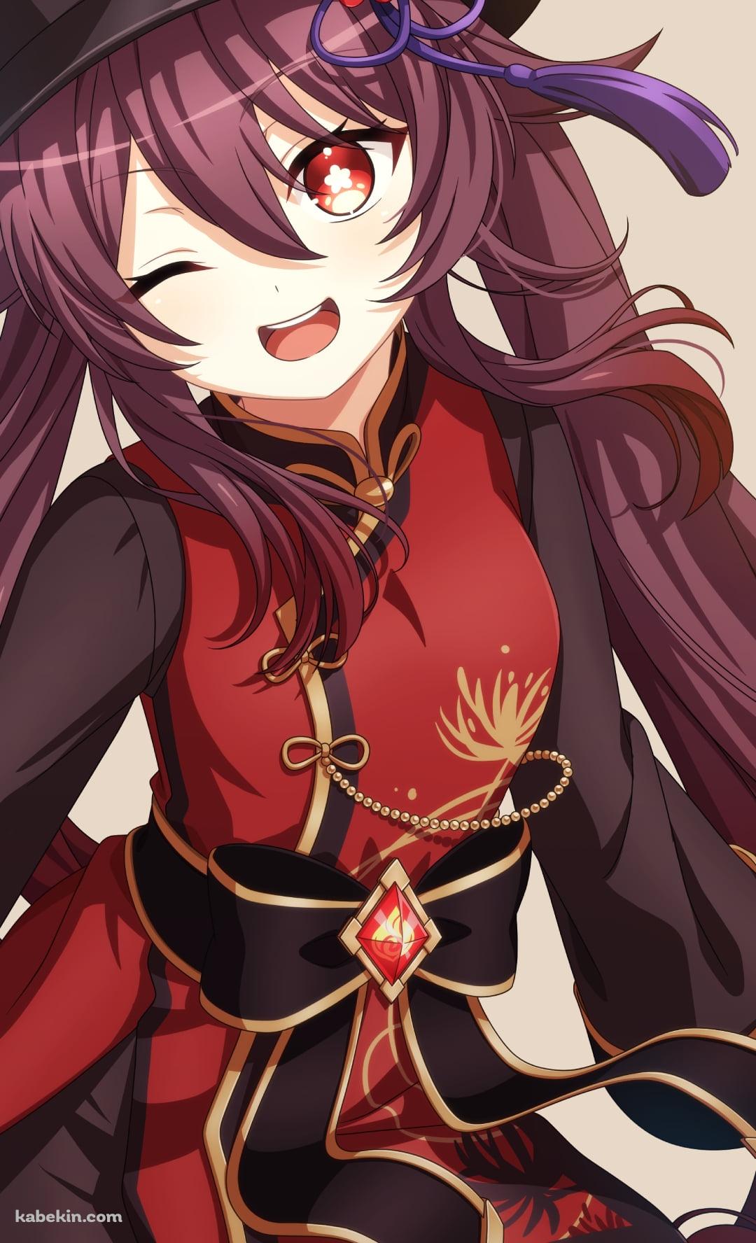 ウィンクする可愛い胡桃 / 赤い瞳 / 赤い花の飾り / 原神のAndroidの壁紙(1080px x 1776px) スマホ用