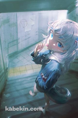 地下通路へ続く階段で飴をなめながら振り返るがうる・ぐら / ホロライブ / バーチャルYouTuber / VtuberのAndroidの壁紙(320px x 480px) スマホ用