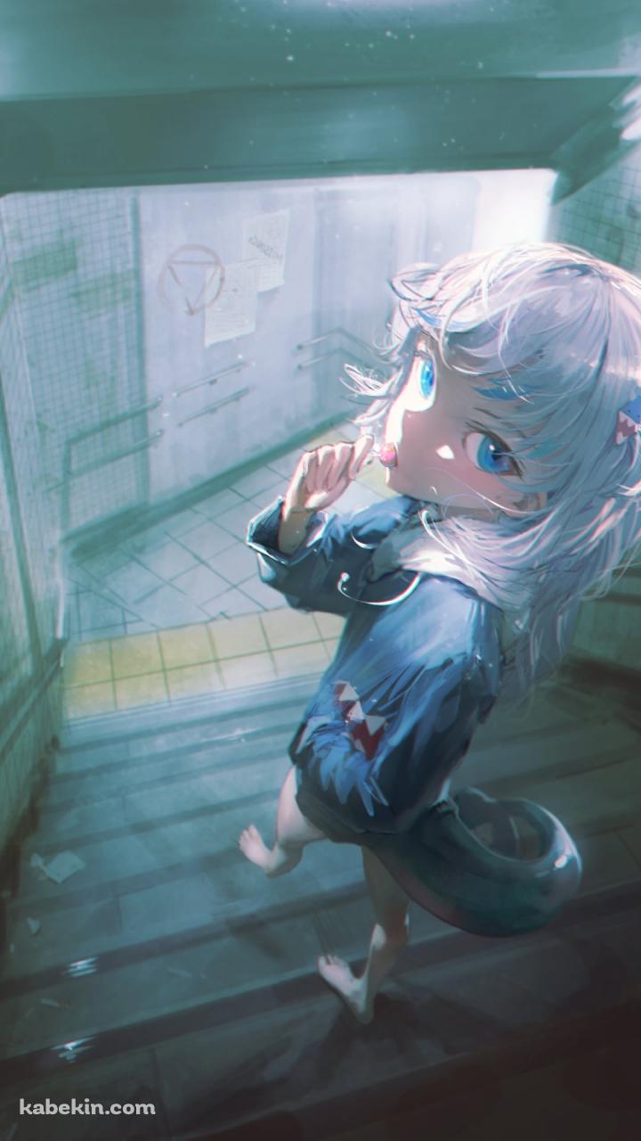 地下通路へ続く階段で飴をなめながら振り返るがうる・ぐら / ホロライブ / バーチャルYouTuber / VtuberのAndroidの壁紙(720px x 1280px) スマホ用