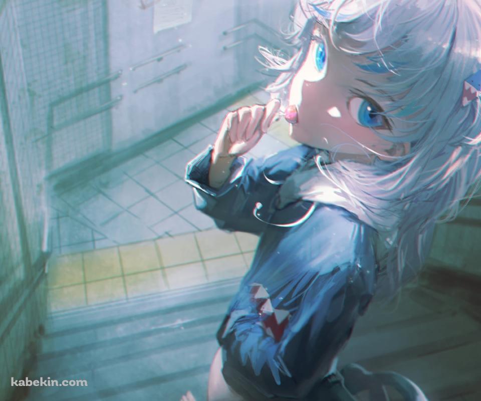 地下通路へ続く階段で飴をなめながら振り返るがうる・ぐら / ホロライブ / バーチャルYouTuber / VtuberのAndroidの壁紙(960px x 800px) スマホ用