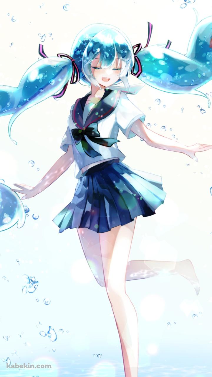 水の上でステップするセーラー服を着た初音ミク / ボトルミク / ボカロ / ボーカロイドのAndroidの壁紙(720px x 1280px) スマホ用