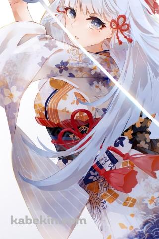 鮮やかな着物を着て剣を構える神里綾華 / 原神のAndroidの壁紙(320px x 480px) スマホ用