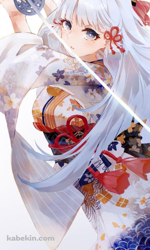 鮮やかな着物を着て剣を構える神里綾華 / 原神のAndroidの壁紙(480px x 800px) スマホ用